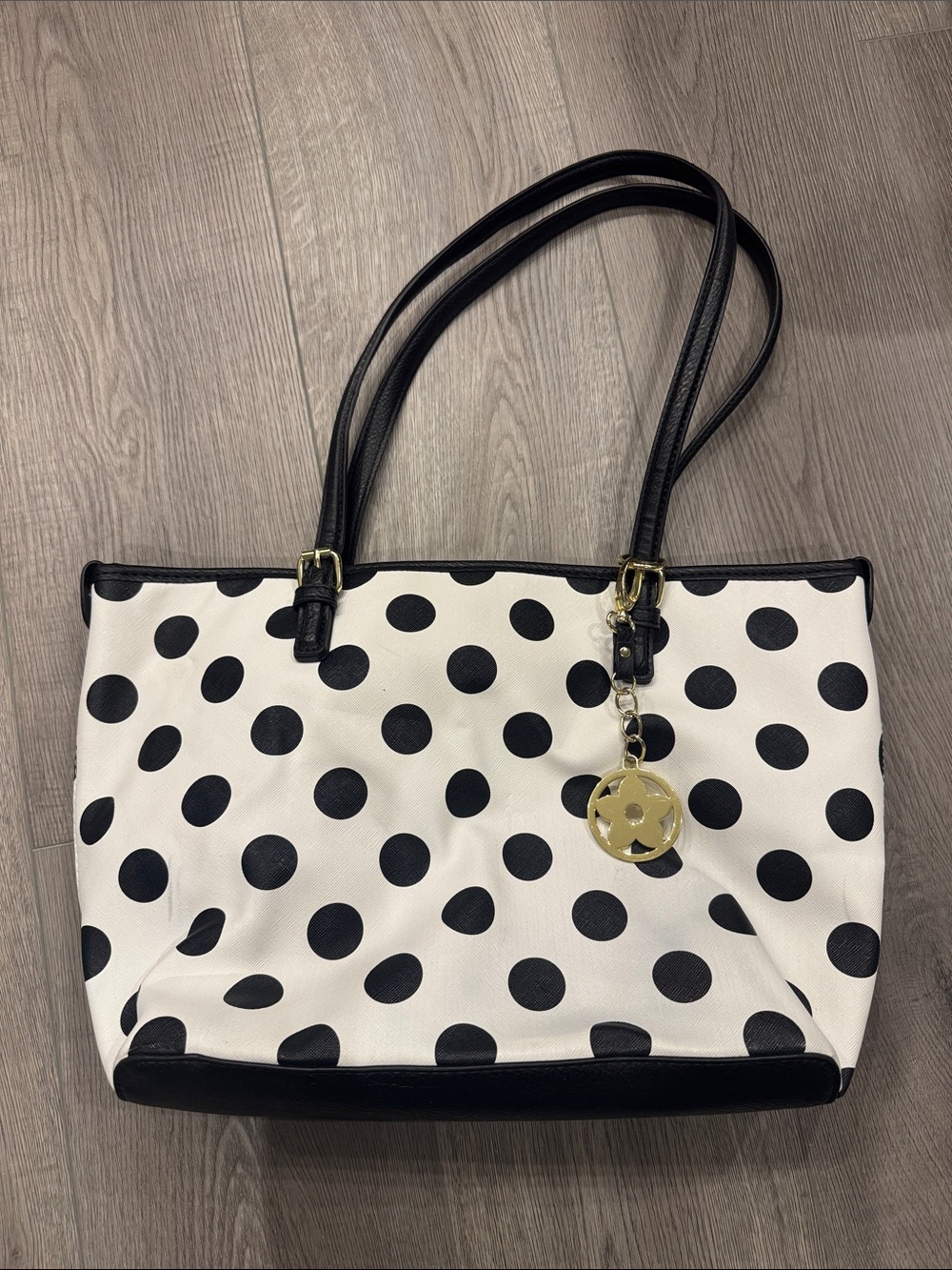 Bueno Black & White Polka Dot Tote with Gold Charm